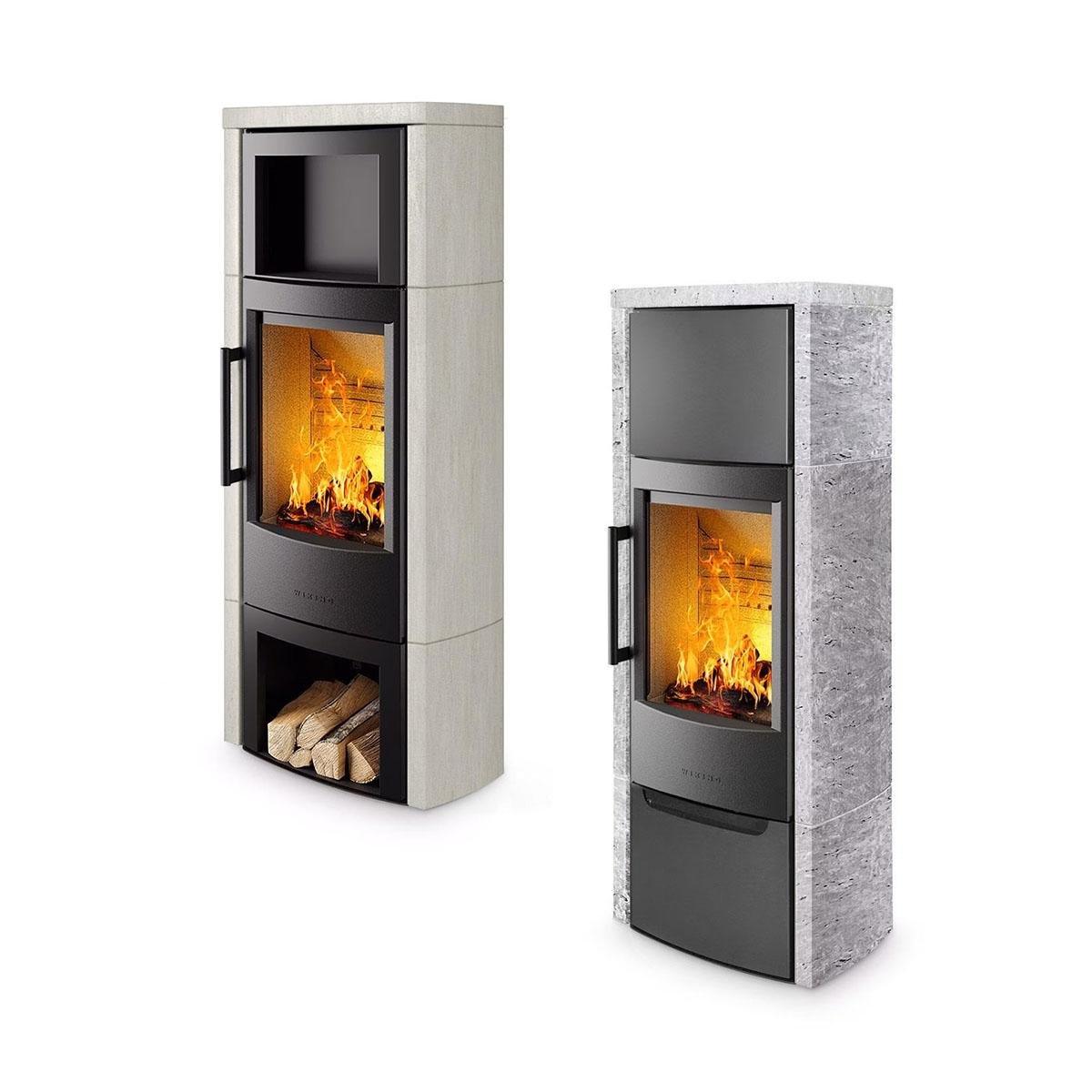 Kaminofen Wiking Miro 6 Naturstein 4,9 kW – Holzfach: offen – Naturstein: Grau – Korpus: Schwarz – Abgasanschluss: Nach Hinten