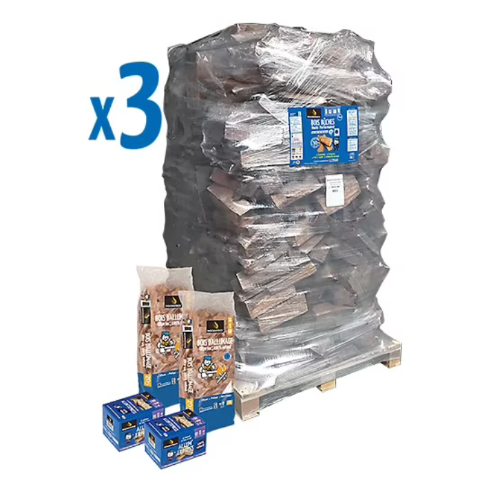3 Packs bois de chauffage Woodstock - bûches 40cm, allumage + allume-feux. Prêt à l'emploi <20% d'humidité. 3 palettes - Idéal poêle/cheminée. Bois NF