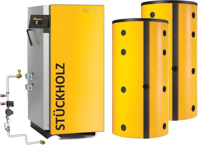 ETA Stückholzkessel-Paket SH 40P – 40 kW – 2x 1100 L Pufferspeicher – Pelletsflansch – Rücklaufanhebung – 11043PSS-T-02