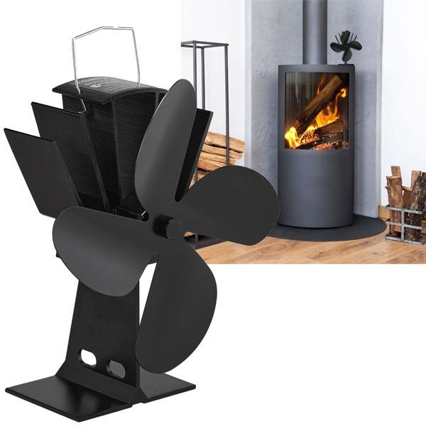 Kaminventilator ohne Strom – 4 Flügel, Aluminium (schwarz) – Ofenventilator für bessere Wärmeverteilung + Behaglichkeit