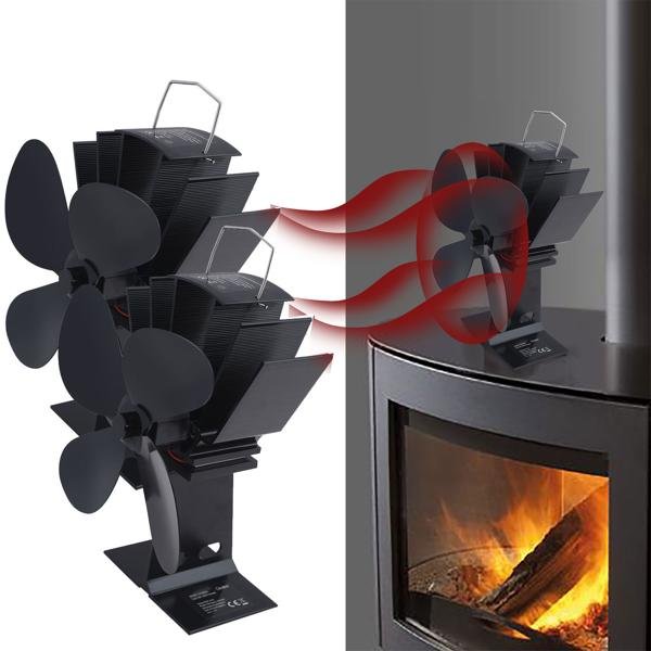 2er-Set Stromloser Kaminventilator Schwarz – 4 Lüfterblätter für effiziente Wärmeverteilung – Startet ab 65°C, bis 345°C – Geräuscharm & energieeffizient